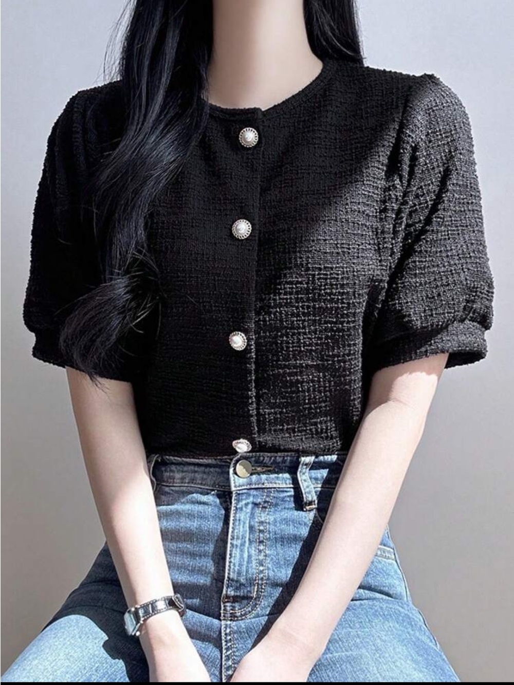 Black Elegant Round Neck Puff Sleeve Blouse